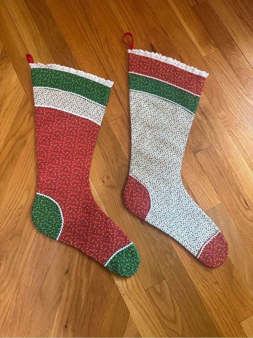 Set of 4 Handmade Quilted Christmas Stockings - Red, Green, White